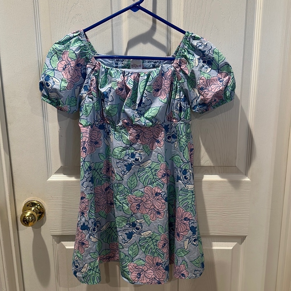 Disney Stitch Tropical Floral Hawaiian cotton Dress & baseball cap (10/12)